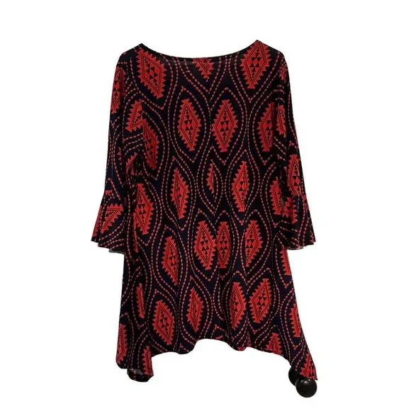 Flirty Pink - Tunic Top with Pink And Navy Blue‎ Designs, Bell Sleeves, Size XL - Picture 2 of 5